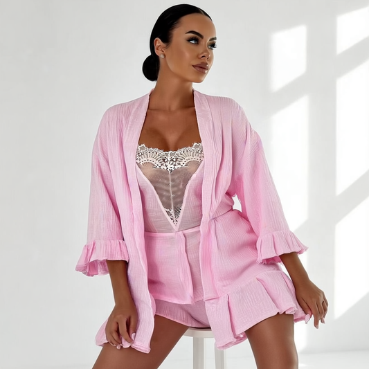 3 Pieces Pink 100% Cotton Pajamas Set