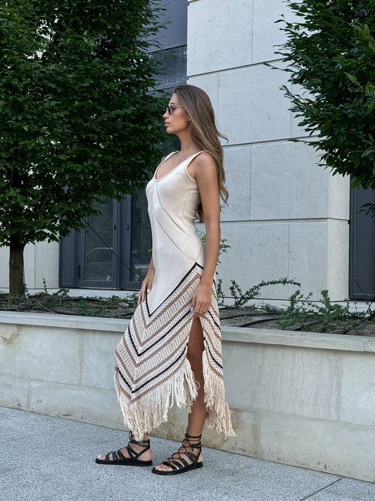 Boho Chic Fringe Cotton Dress – Natural 100% Cotton Summer Festival Look
