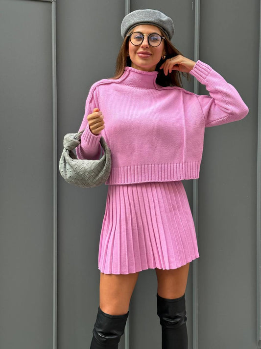 Casual Fall Knit Set: Sweater & Flared Skirt