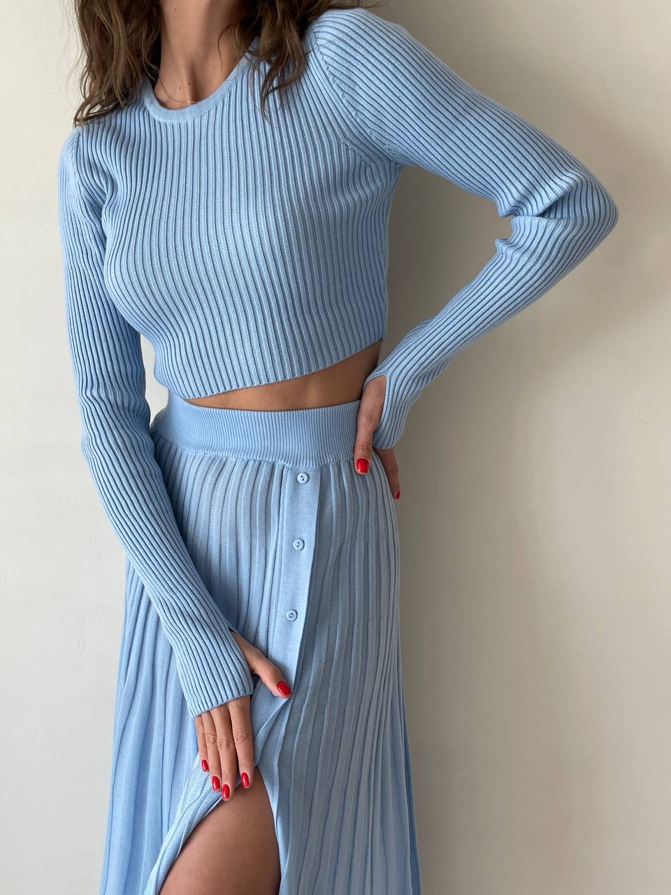 Casual Knit Set: Crop Top & Flared Skirt