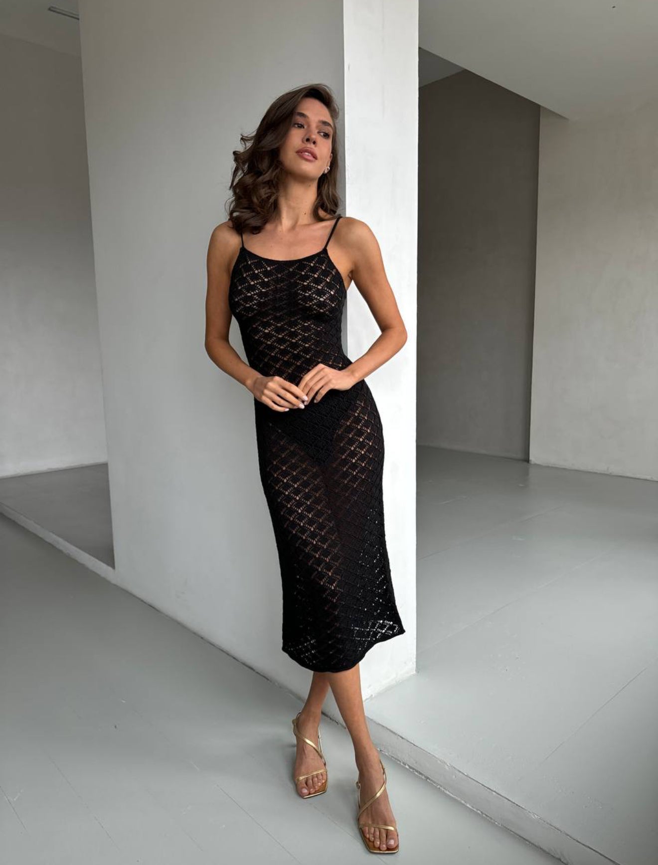 Elegant Crochet Midi Dress with Open Back & Side Slit — 100% Cotton, Casual Resort Summer Beachwear