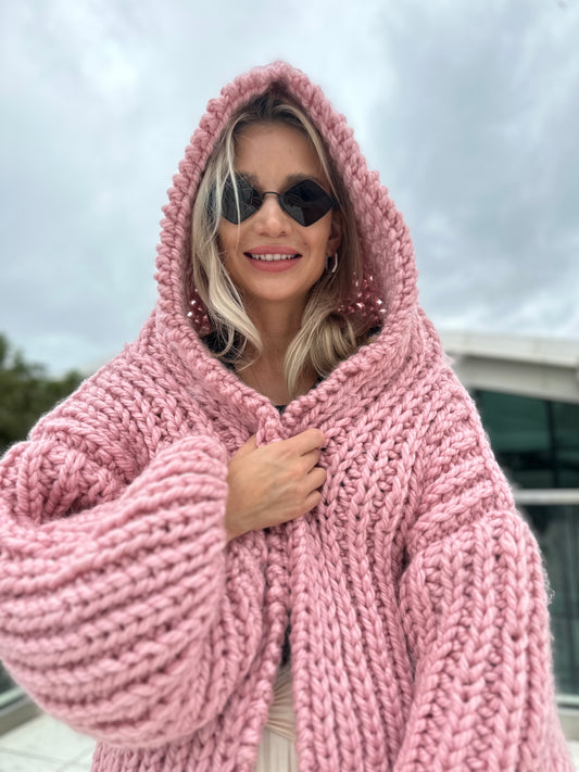 Chunky Knit Hooded Cardigan. Trendy Women Cable Knit Oversized Hand Knitted Jacket