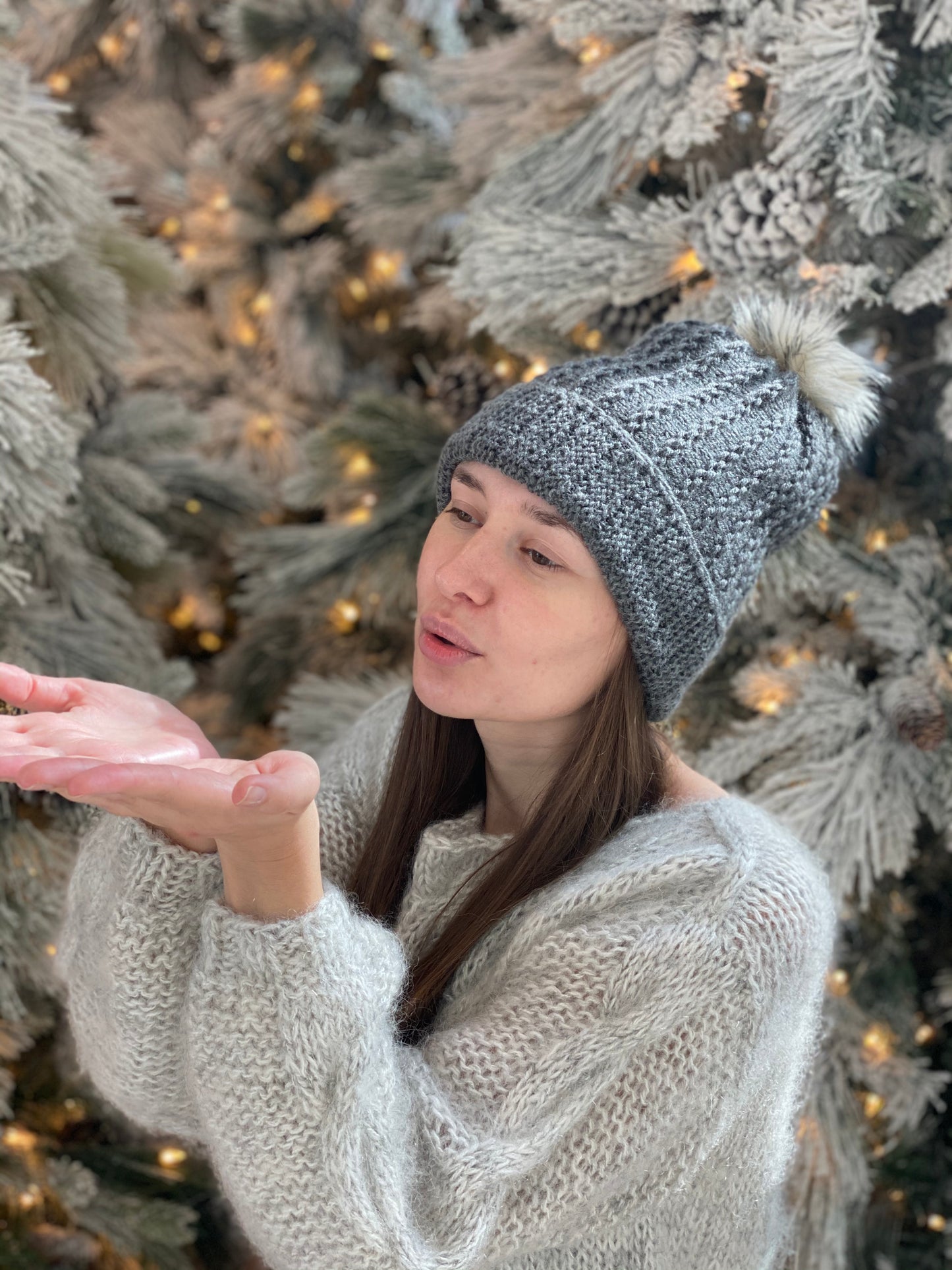 Handmade Grey Wool Beanie with Faux Fur Pom-Pom