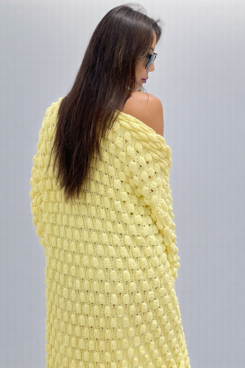 Long Oversized Hand Knitted Yellow-Lemon Cotton Cardigan