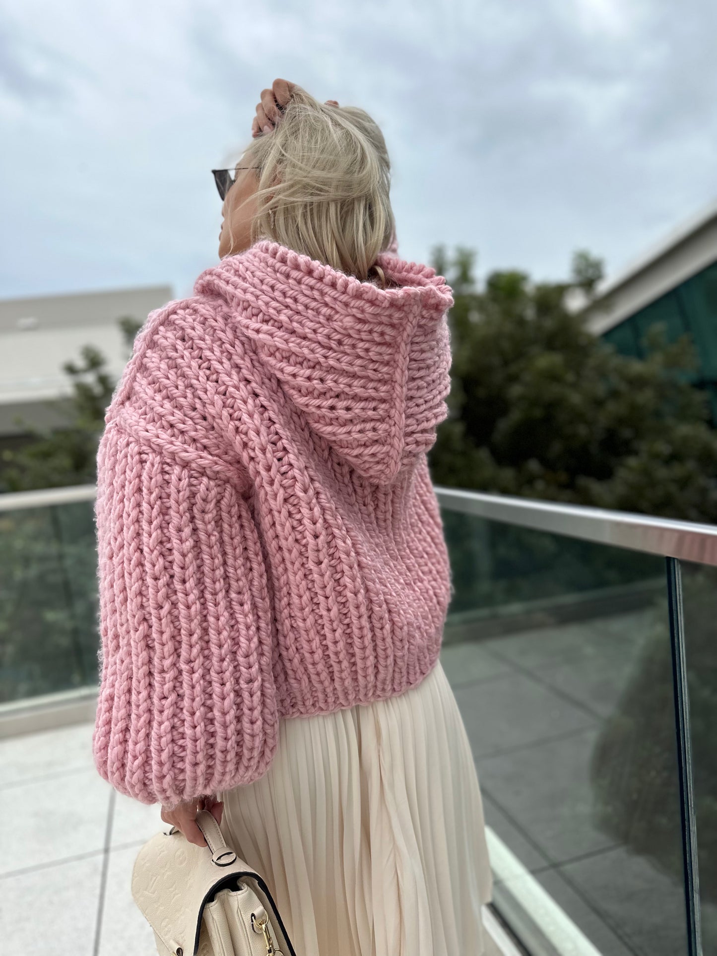 Chunky Knit Hooded Cardigan. Trendy Women Cable Knit Oversized Hand Knitted Jacket