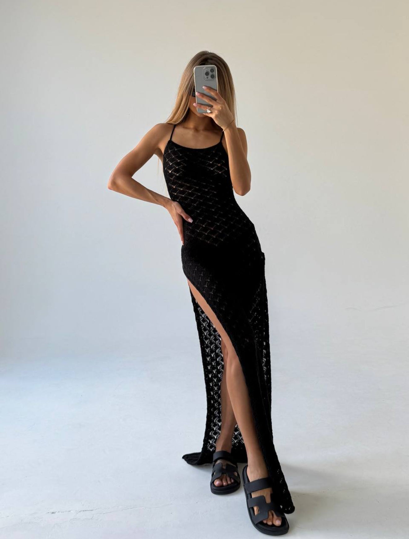 Elegant Crochet Maxi Dress with Open Back & Side Slit — 100% Cotton, Boho Summer Beachwear