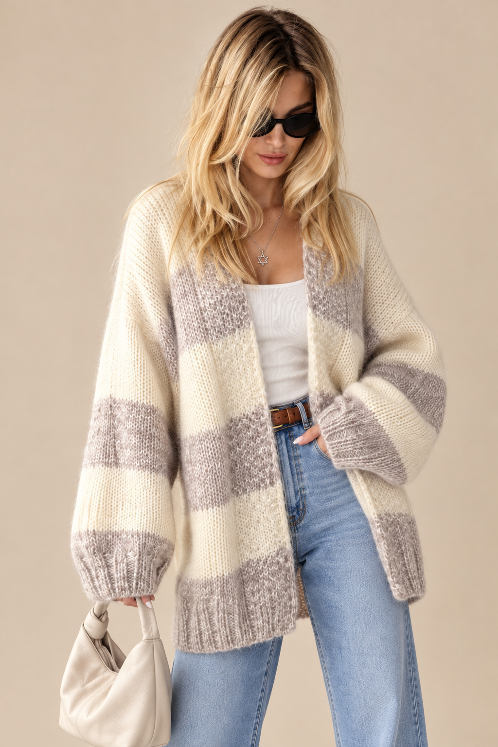 Soft Stripe Mohair Cardigan – Oversized Cream & Taupe Knit