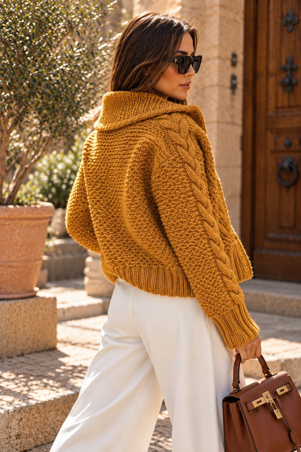 Cable Knit Camel Wool Cardigan – Hand-Knitted Statement Knit