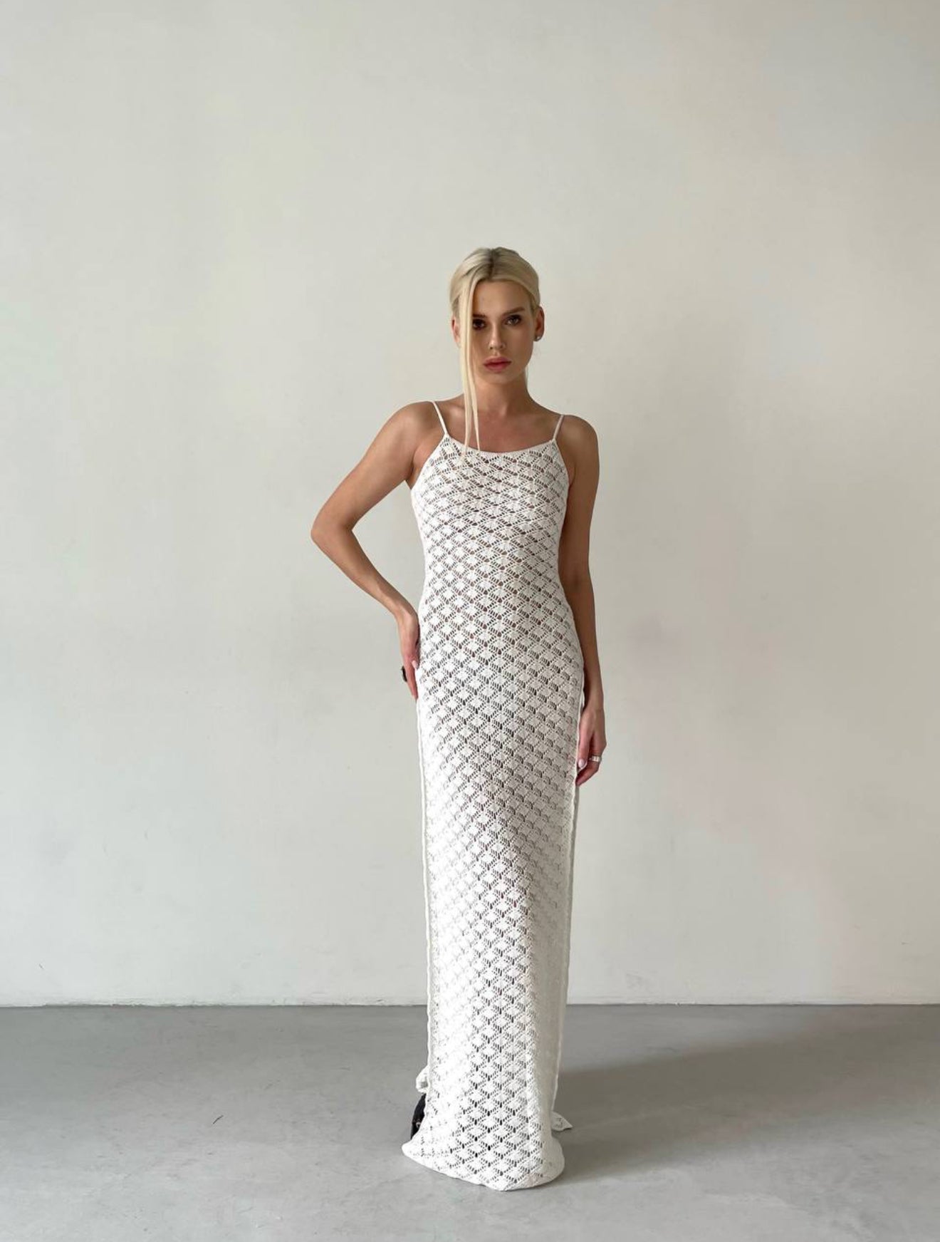 Elegant Crochet Maxi Dress with Open Back & Side Slit — 100% Cotton, Boho Summer Beachwear