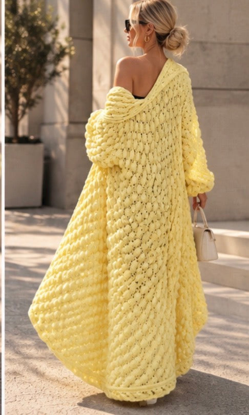 Long Oversized Hand Knitted Yellow-Lemon Cotton Cardigan
