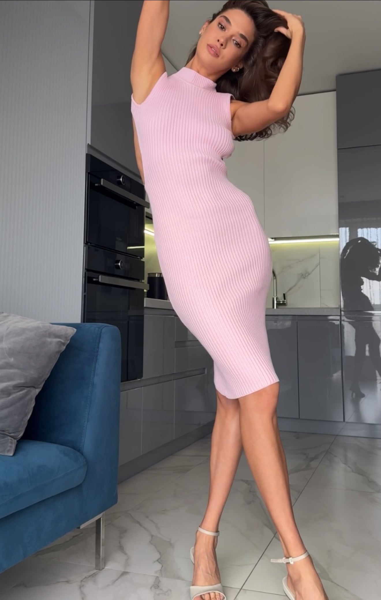 High-Neck Casual Open Back Dress – Ribbed Viscose Knit