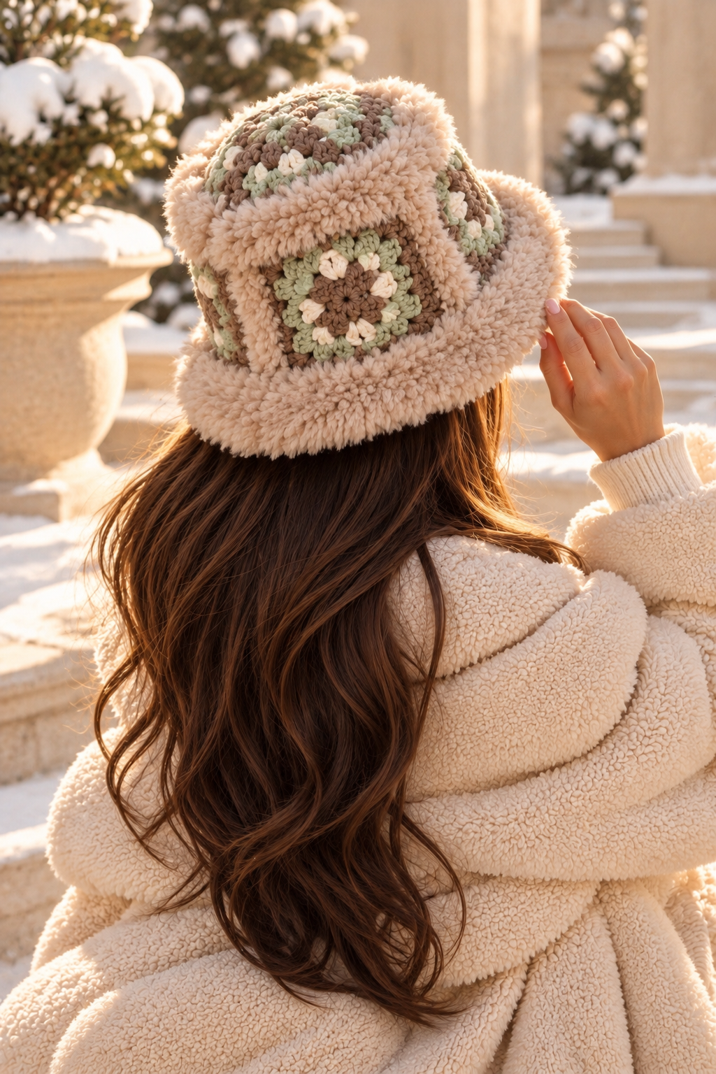 Granny Square Faux Fur Trapper Hat