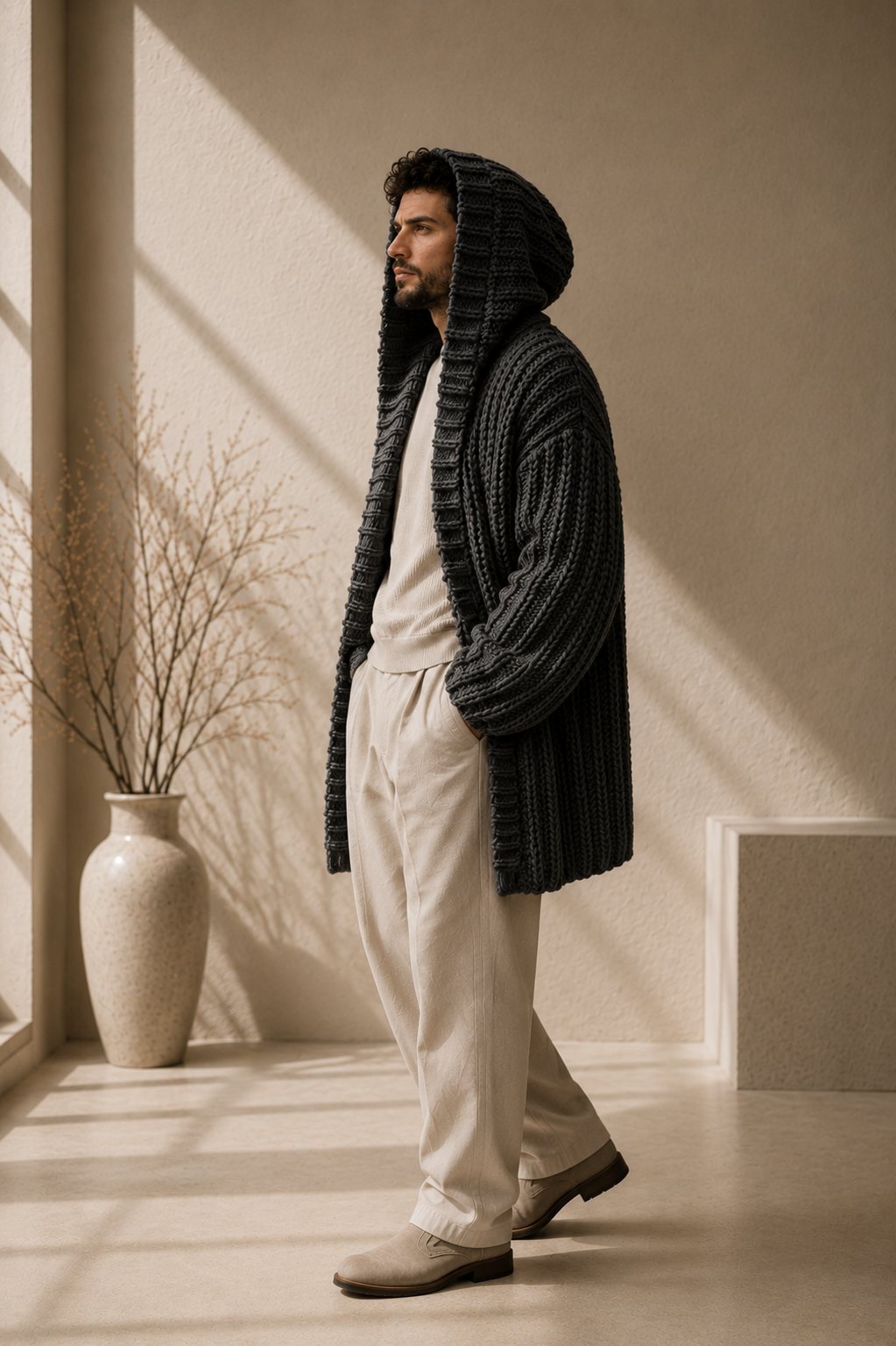 The Fifth Avenue Graphite Stone Handmade Luxury Maxi Cardigan