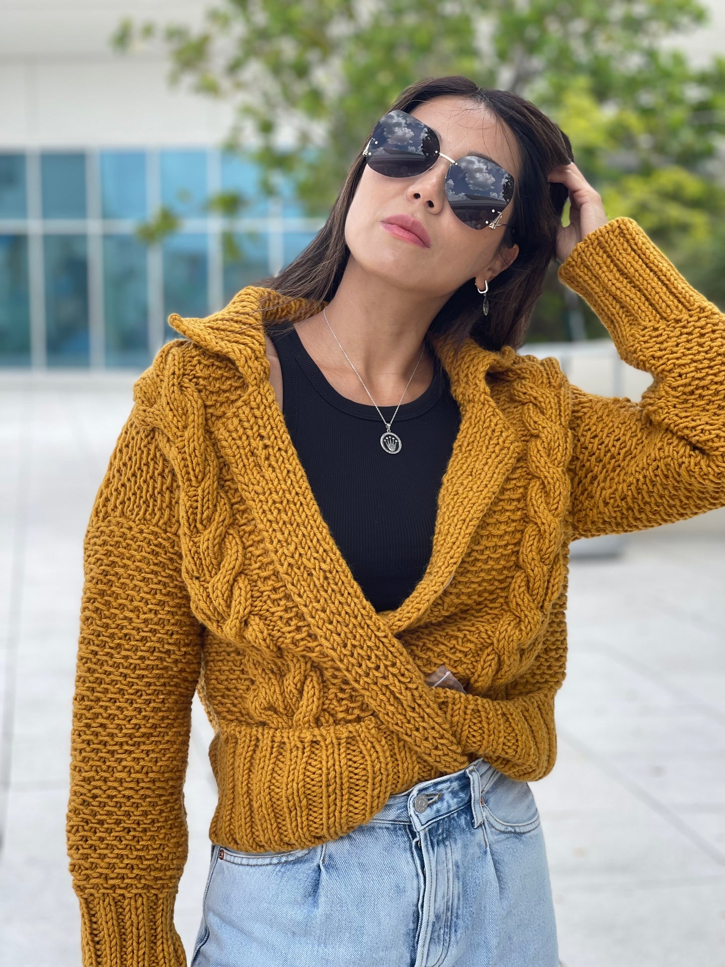 Cable Knit Camel Wool Cardigan. Trendy Women Cable Knit Hand Knitted Jacket