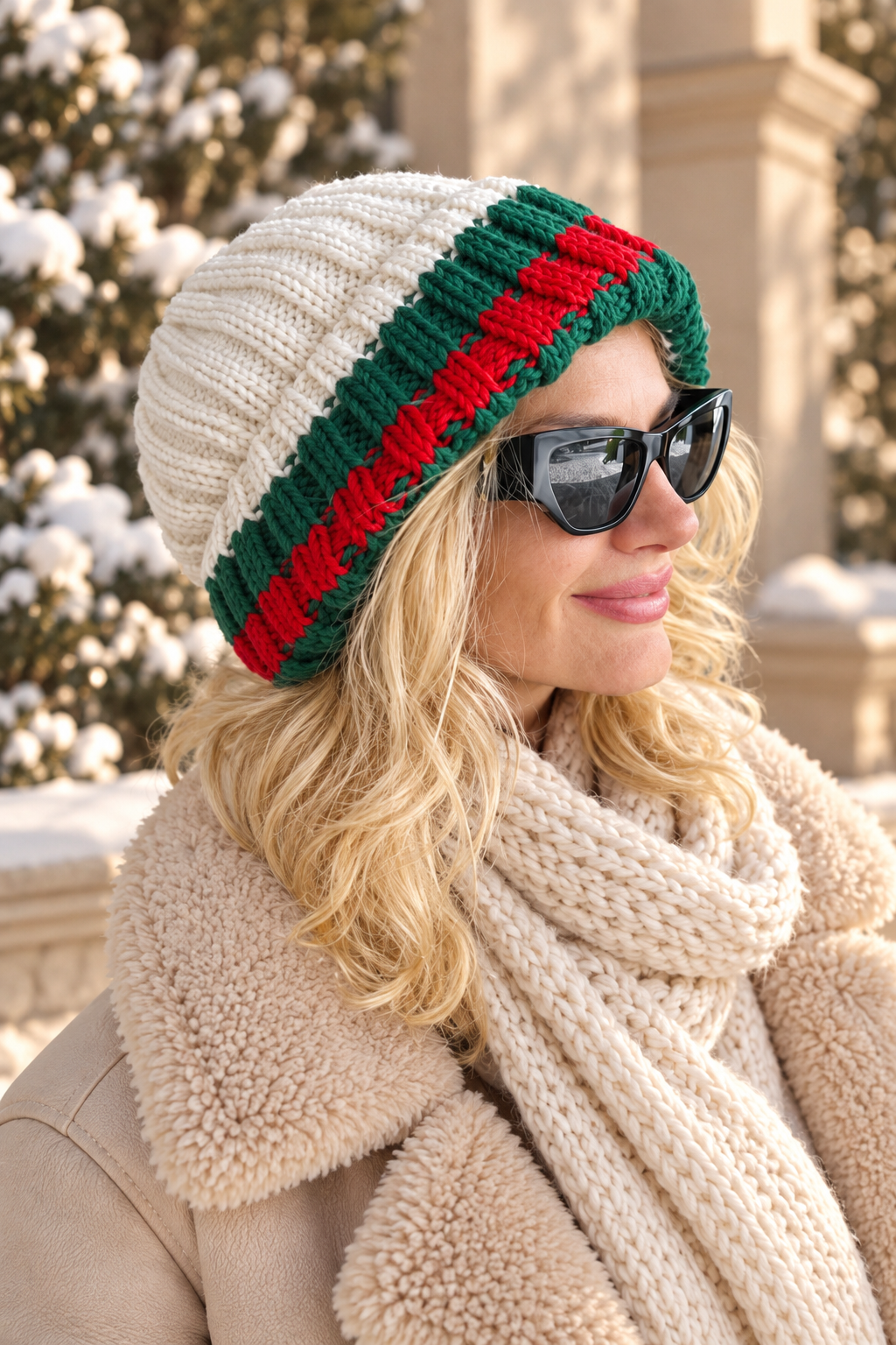 Holiday Knit Beanie — Cream, Red & Green