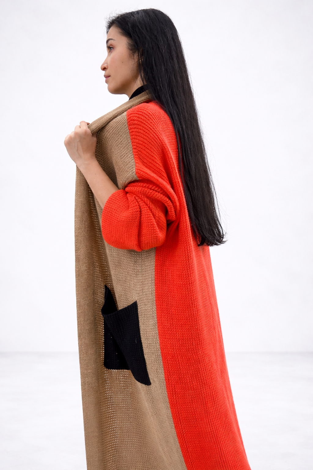 Three-Color Long Wool Cardigan