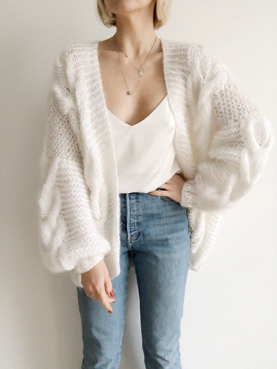 Cable knit Mohair cardigan. Trendy women cable knit oversized hand knitted jacket