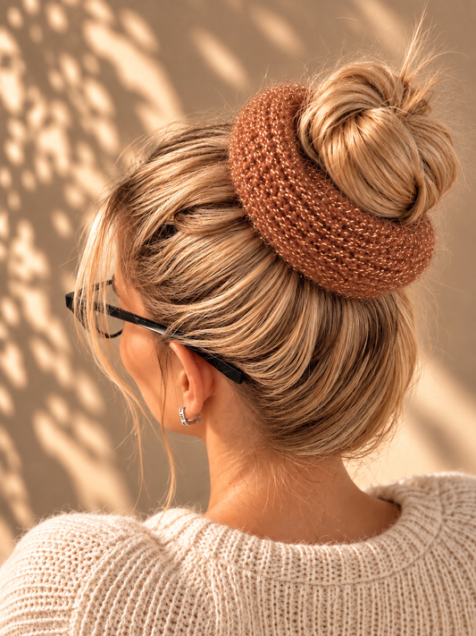Handmade Knitted Hair Scrunchie – Caramel Glow