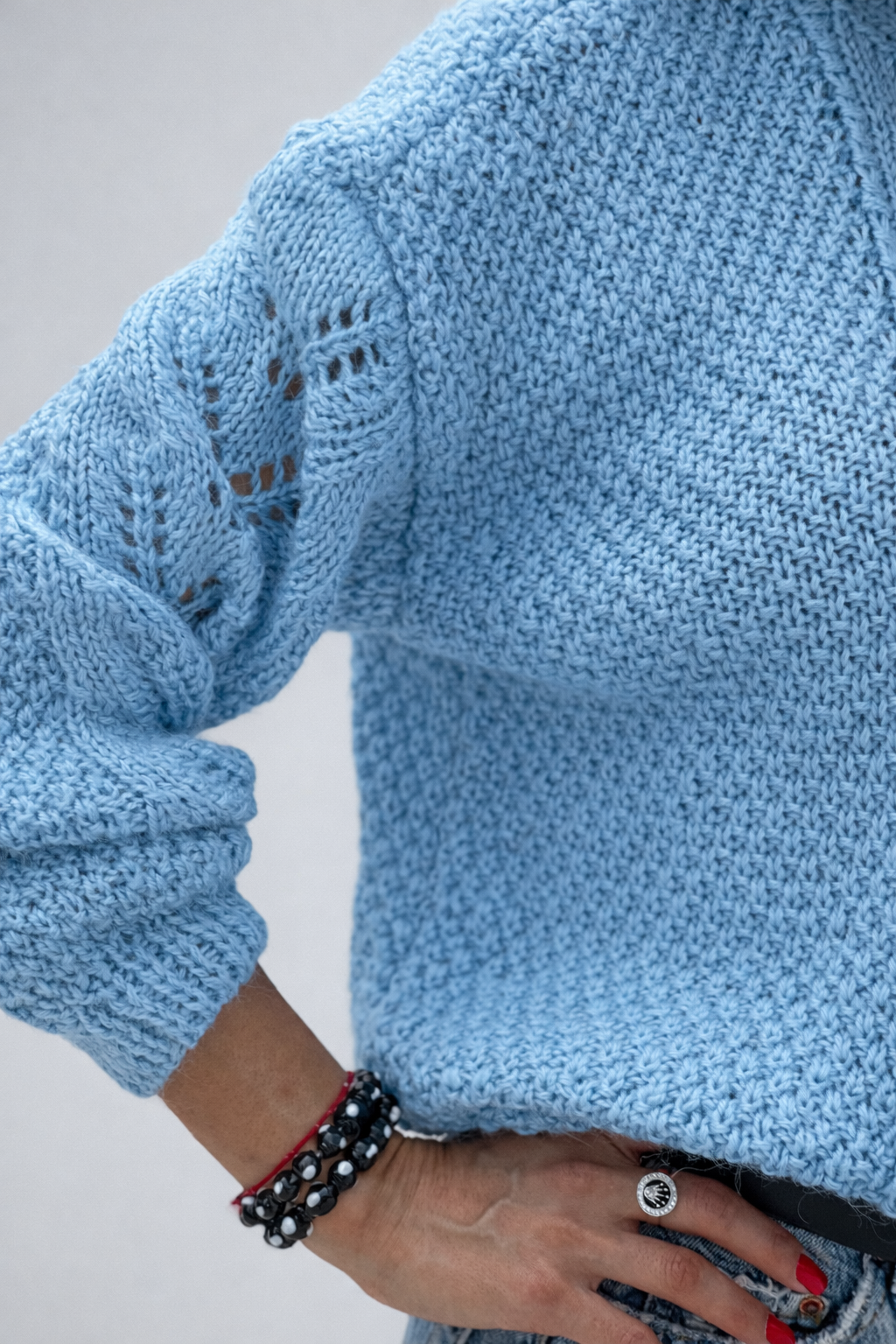 Handmade Light Blue Wool Openwork Sweater