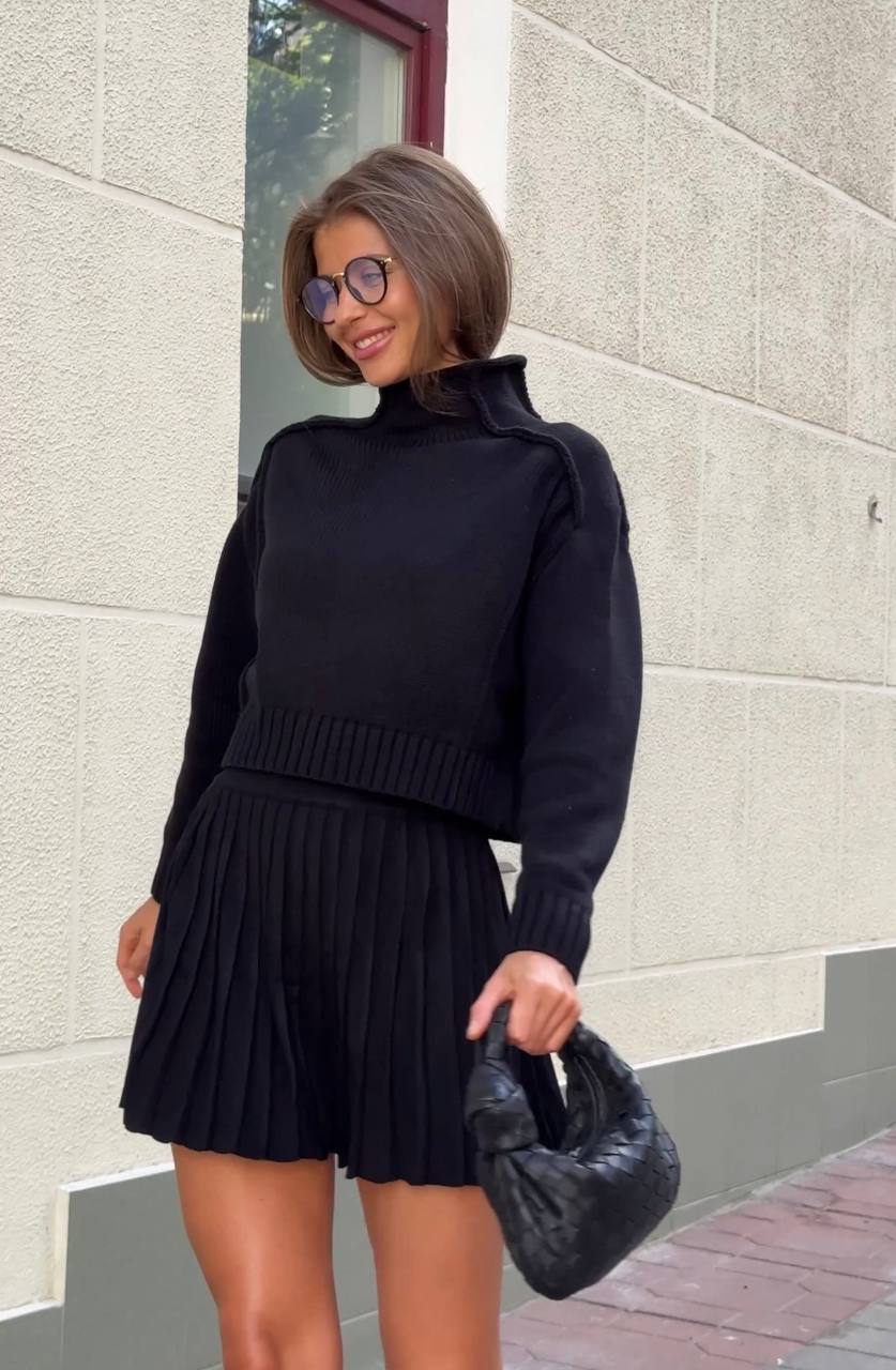 Casual Fall Knit Set: Sweater & Flared Skirt