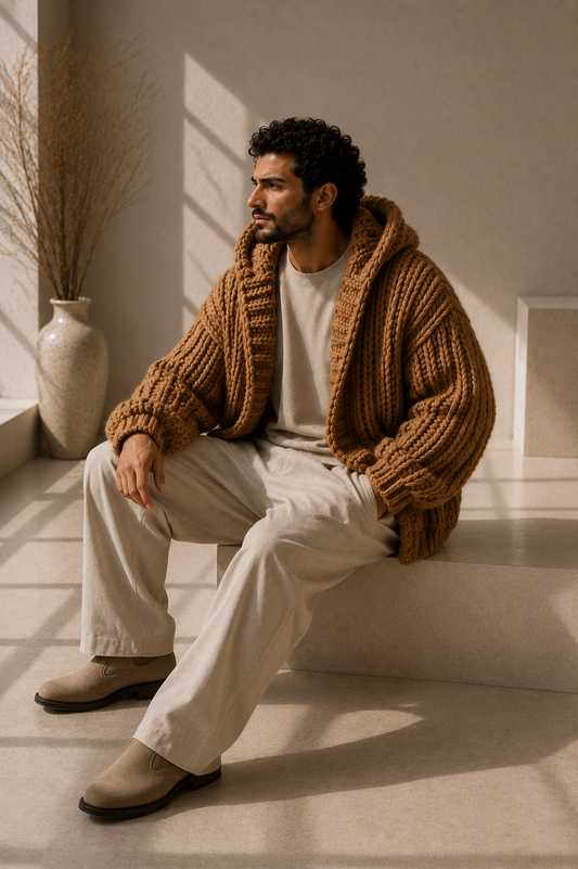 The Hudson Hooded Desert Caramel Handmade Cardigan