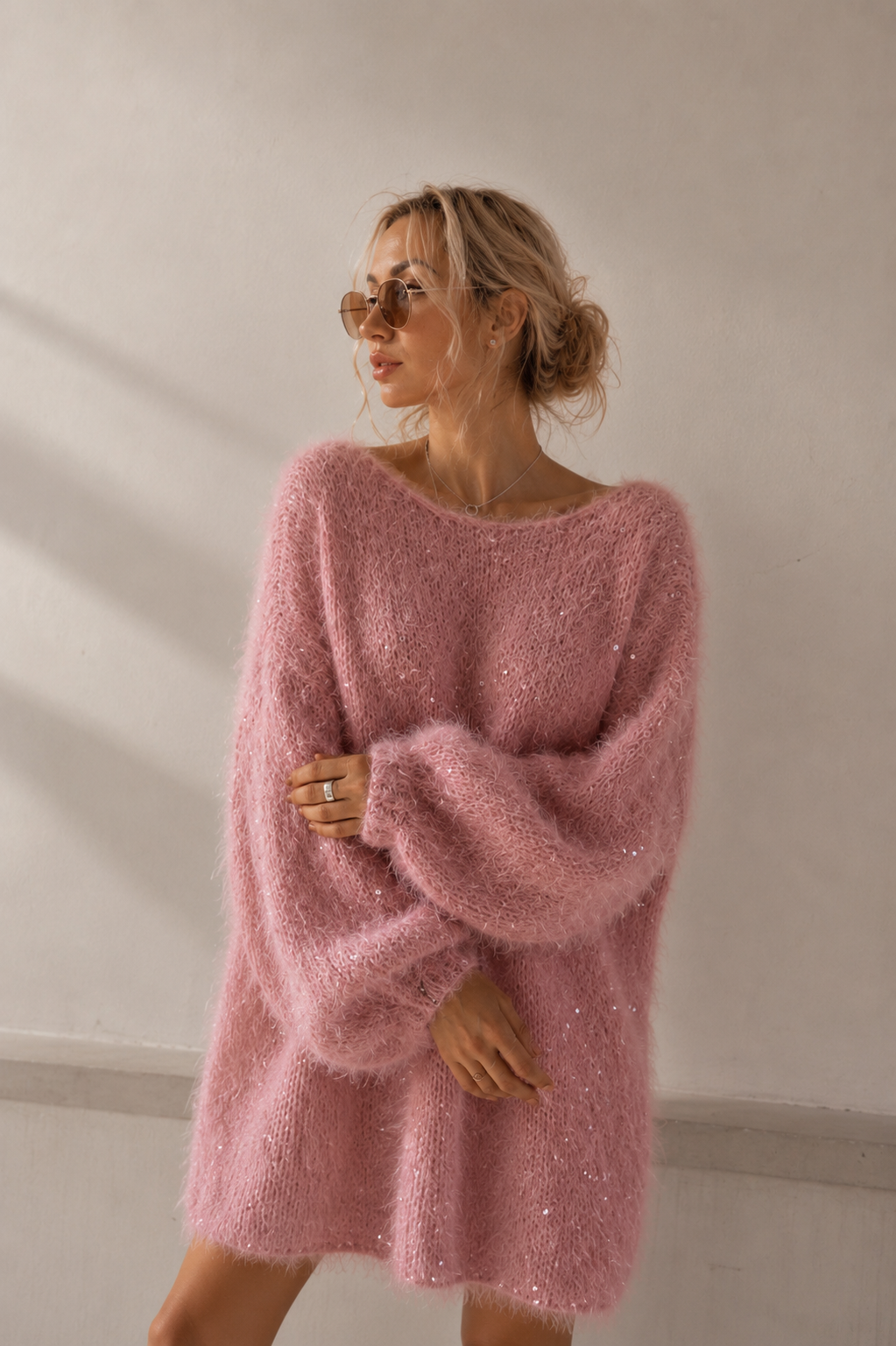 Rosé Glow Sweater Dress – Soft Pink
