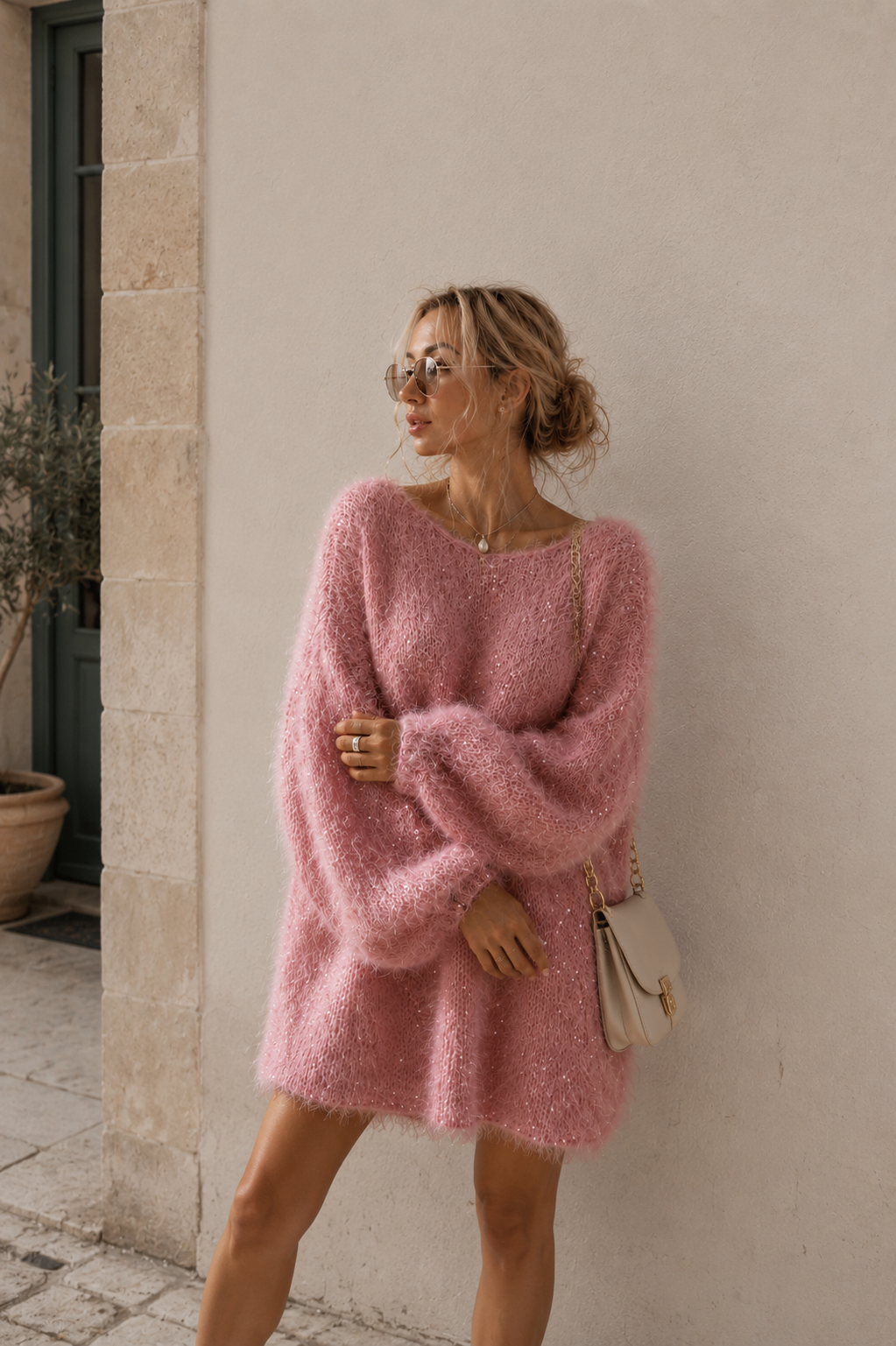 Rosé Glow Sweater Dress – Soft Pink