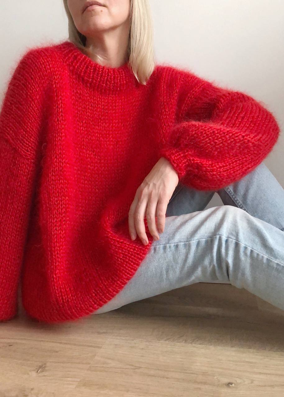 Mohair Woman Sweater. Hand Knitted Women Red Sweater