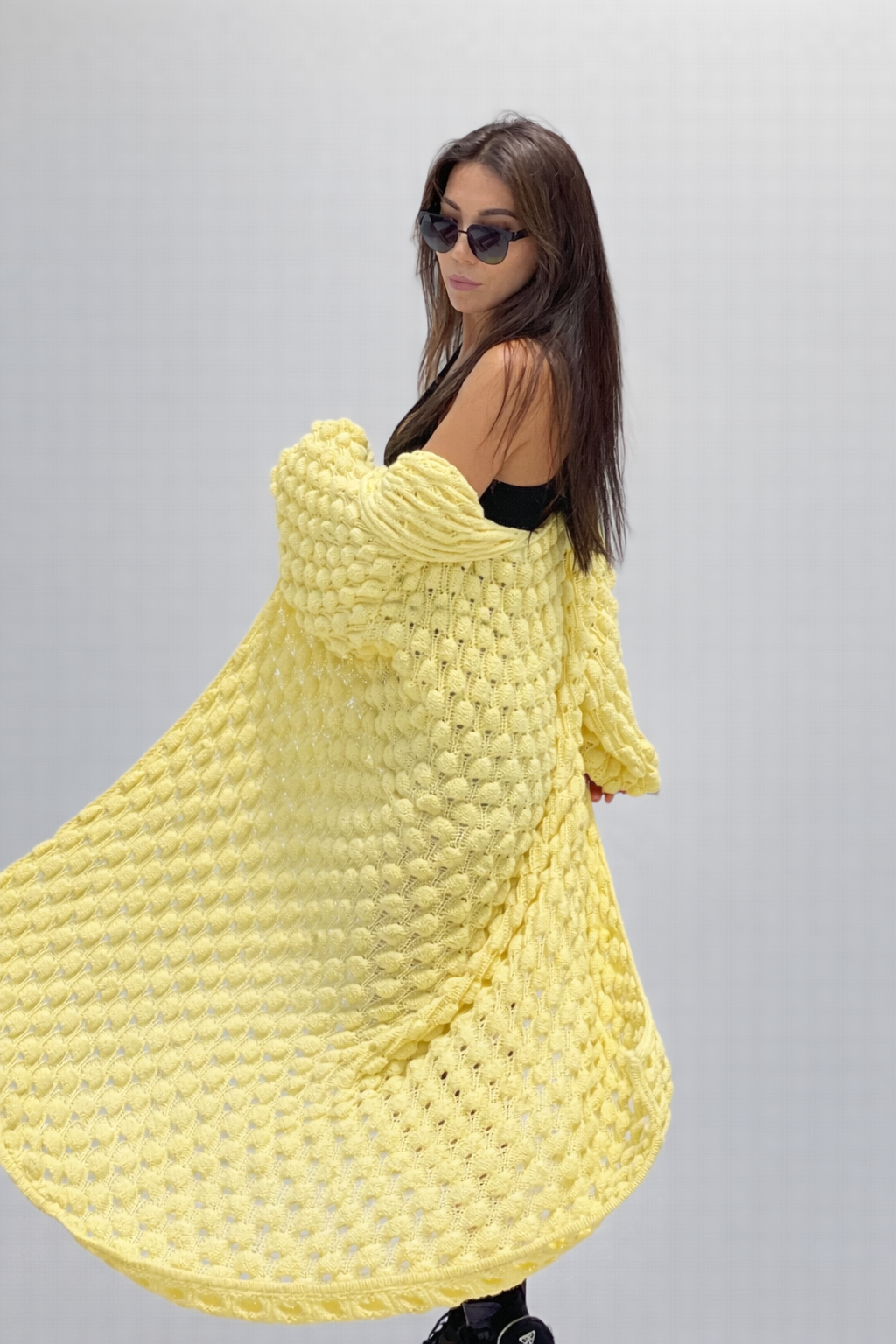 Long Oversized Hand Knitted Yellow-Lemon Cotton Cardigan