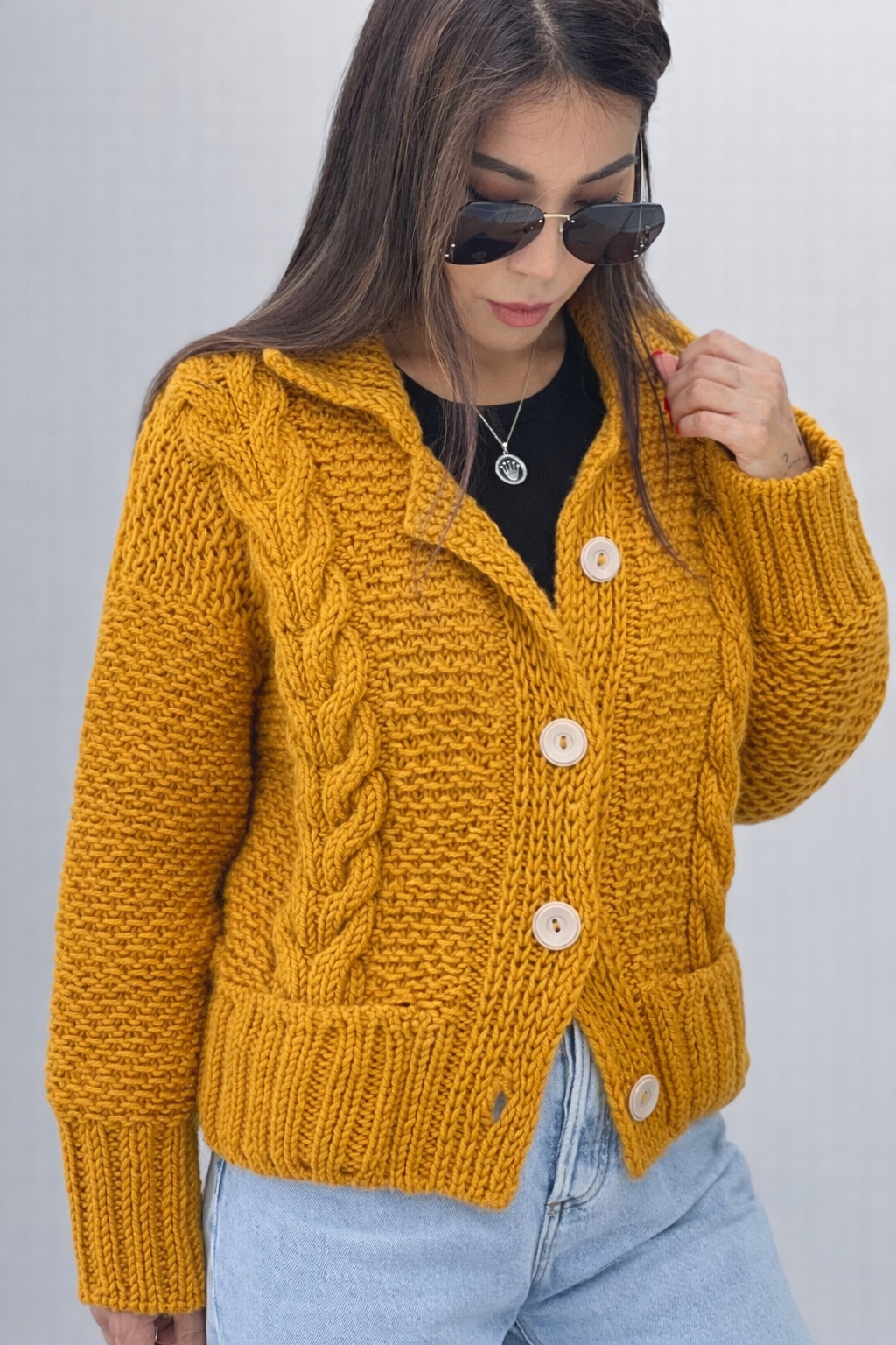 Cable Knit Camel Wool Cardigan. Trendy Women Cable Knit Hand Knitted Jacket