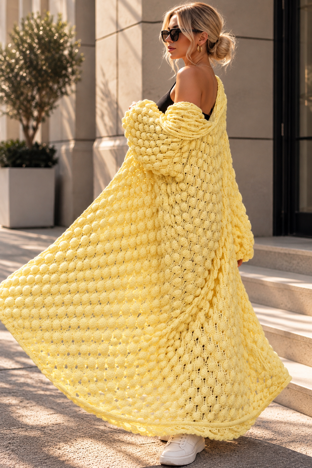 Long Oversized Hand Knitted Yellow-Lemon Cotton Cardigan
