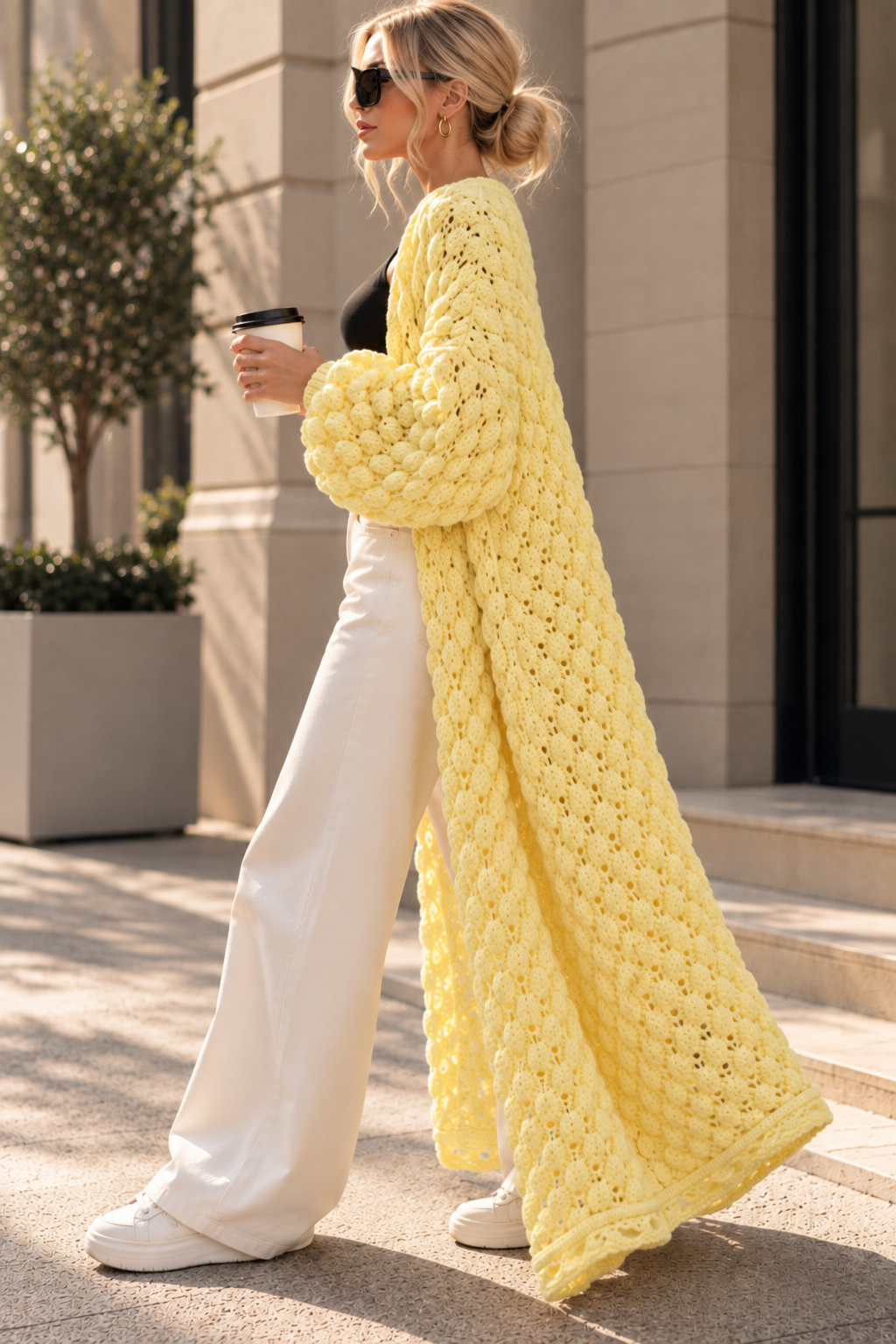 Long Oversized Hand Knitted Yellow-Lemon Cotton Cardigan