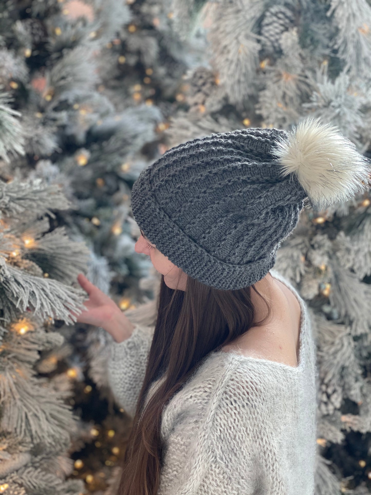 Handmade Grey Wool Beanie with Faux Fur Pom-Pom