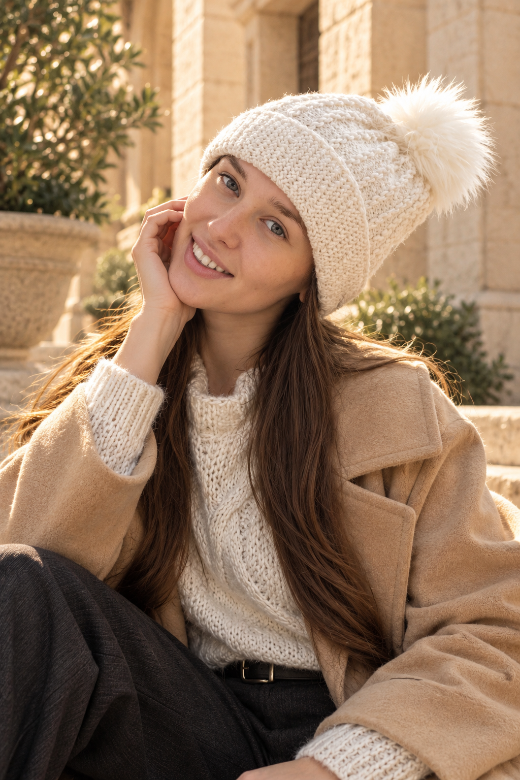 Handmade Grey Wool Beanie with Faux Fur Pom-Pom