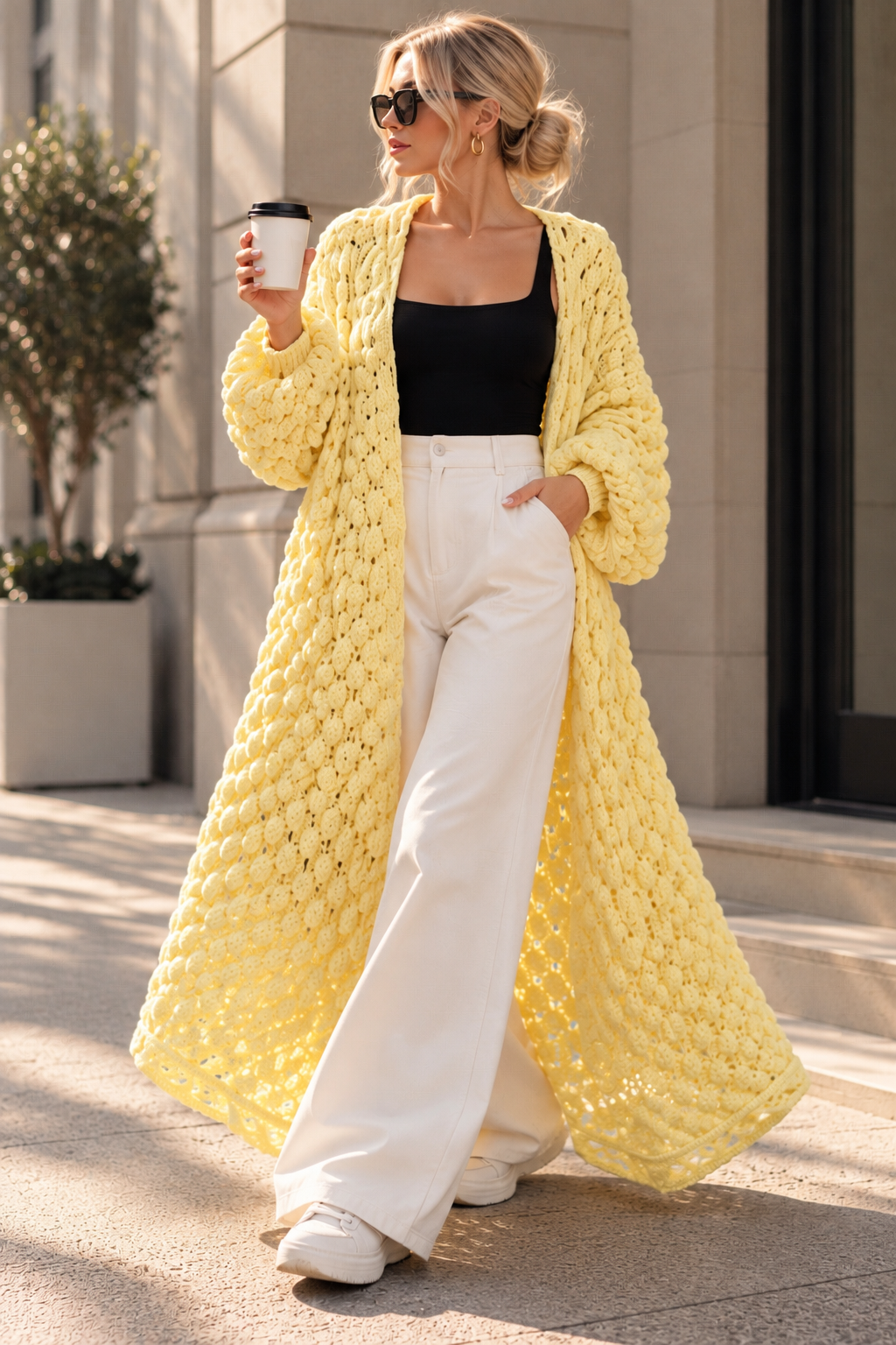 Long Oversized Hand Knitted Yellow-Lemon Cotton Cardigan