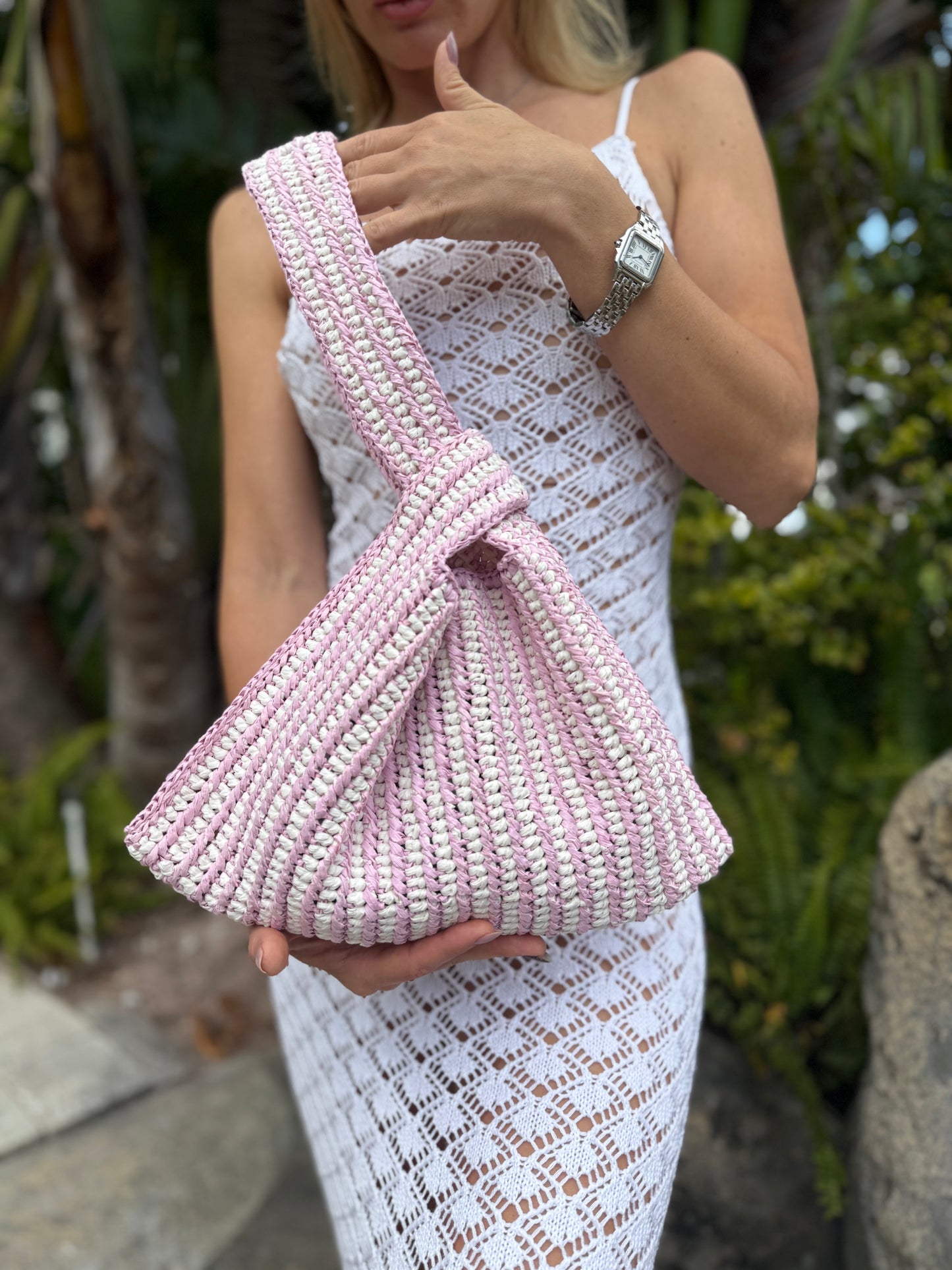 Knot White & Pink Crochet  Raffia Bag