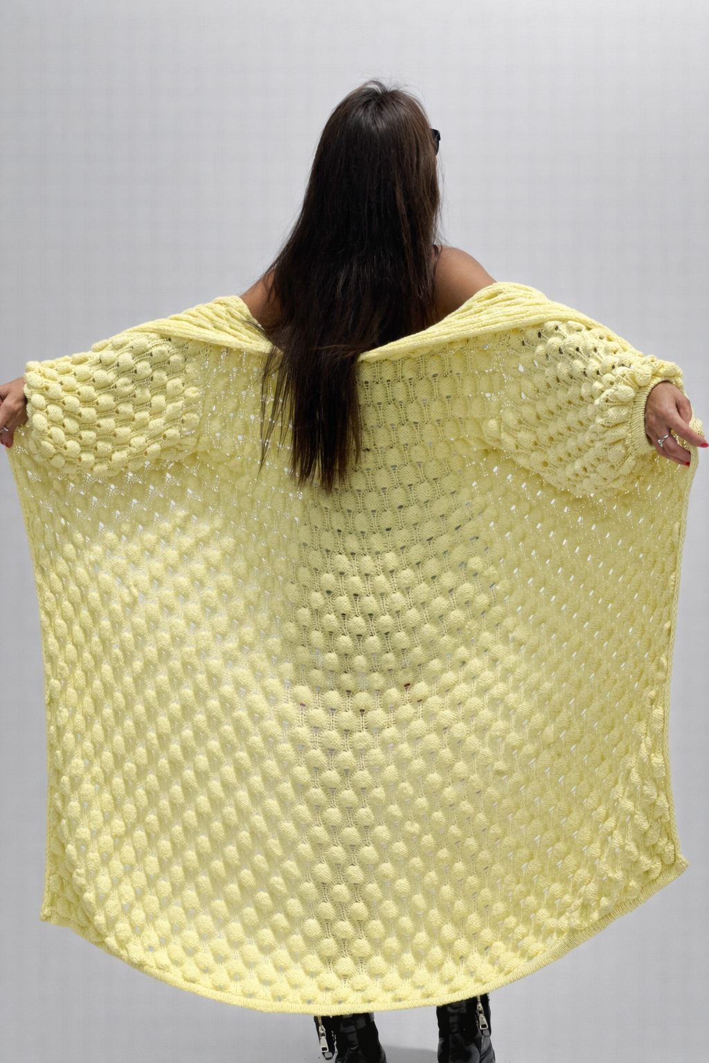 Long Oversized Hand Knitted Yellow-Lemon Cotton Cardigan