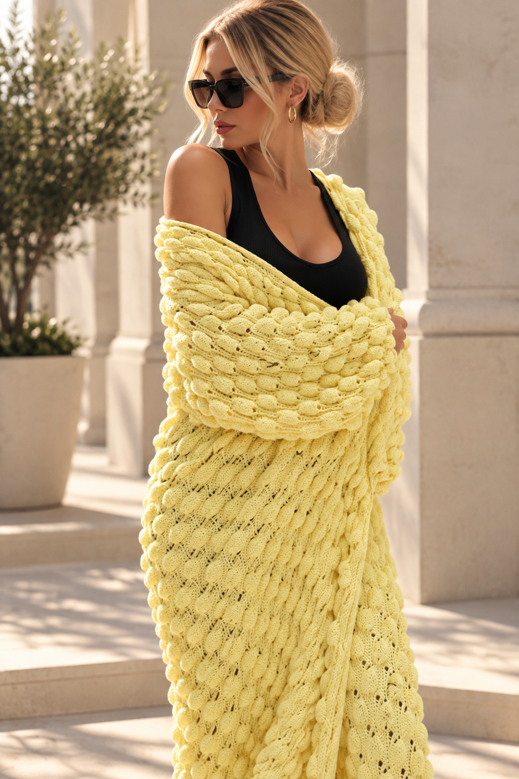 Long Oversized Hand Knitted Yellow-Lemon Cotton Cardigan