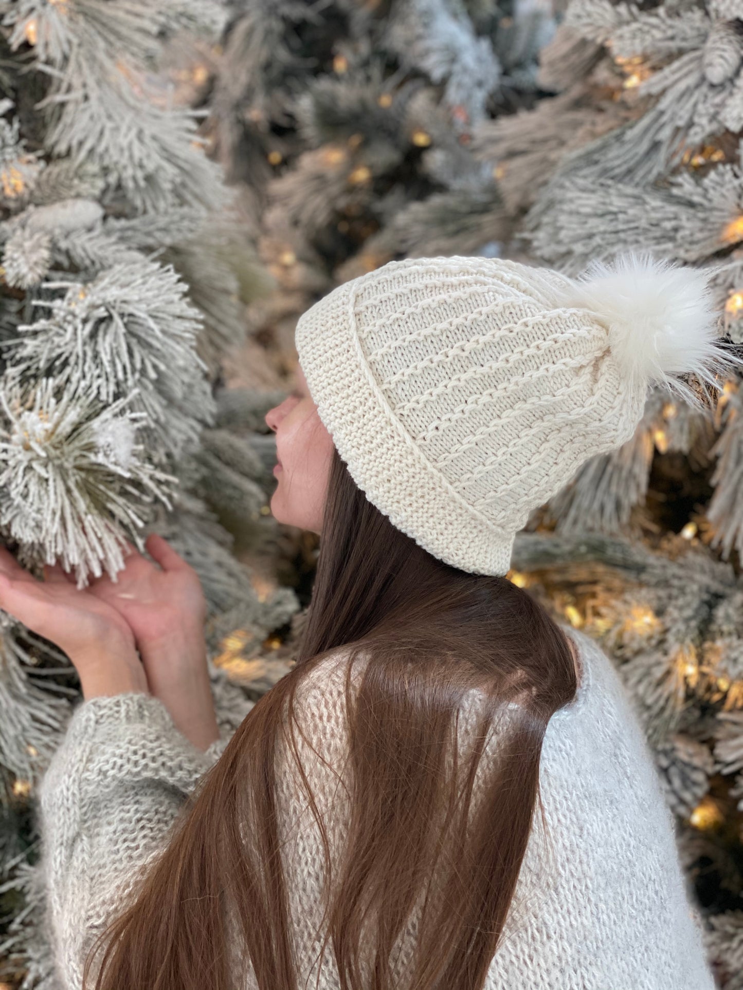 Handmade White Wool Beanie with Faux Fur Pom-Pom