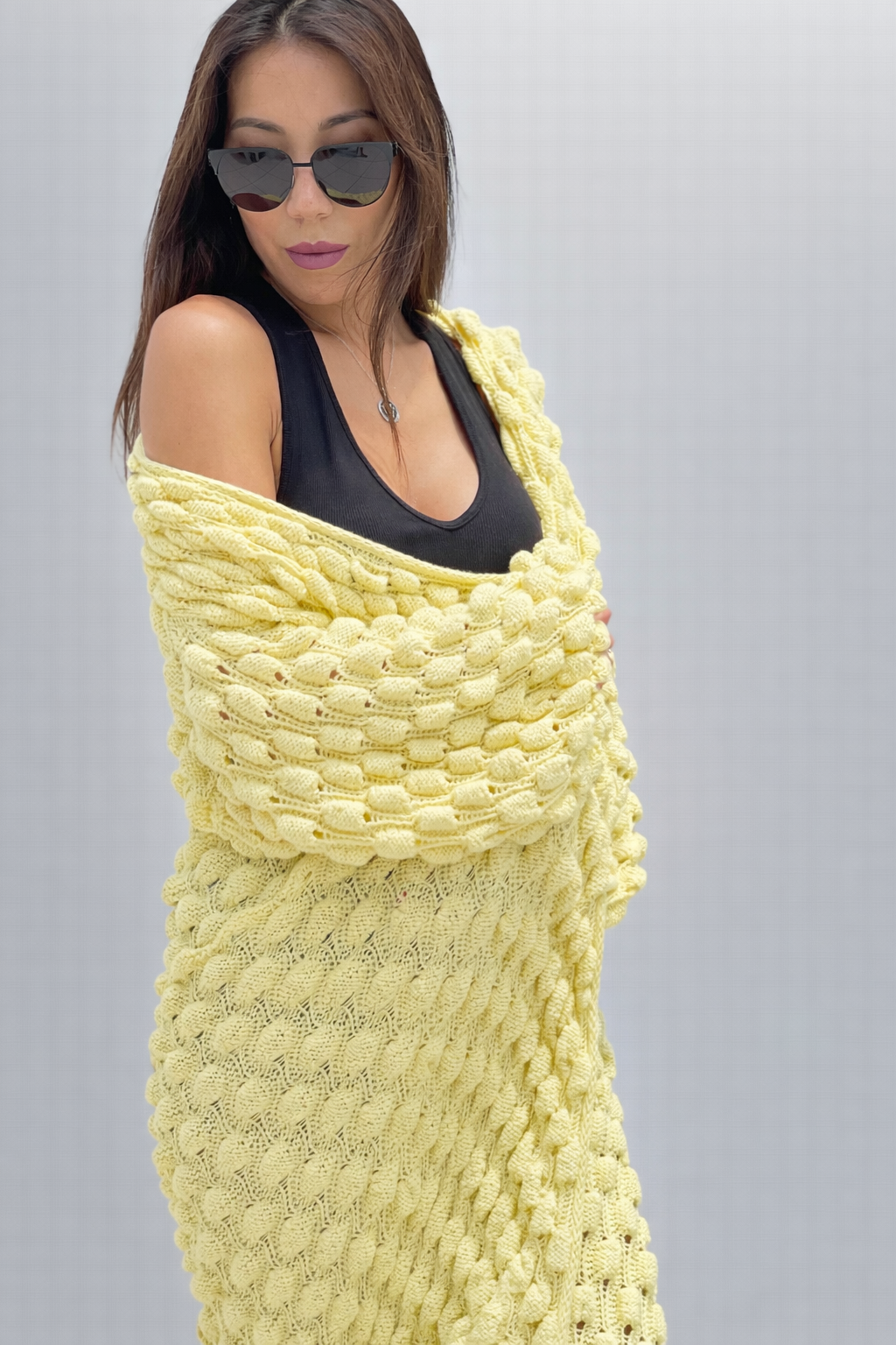 Long Oversized Hand Knitted Yellow-Lemon Cotton Cardigan