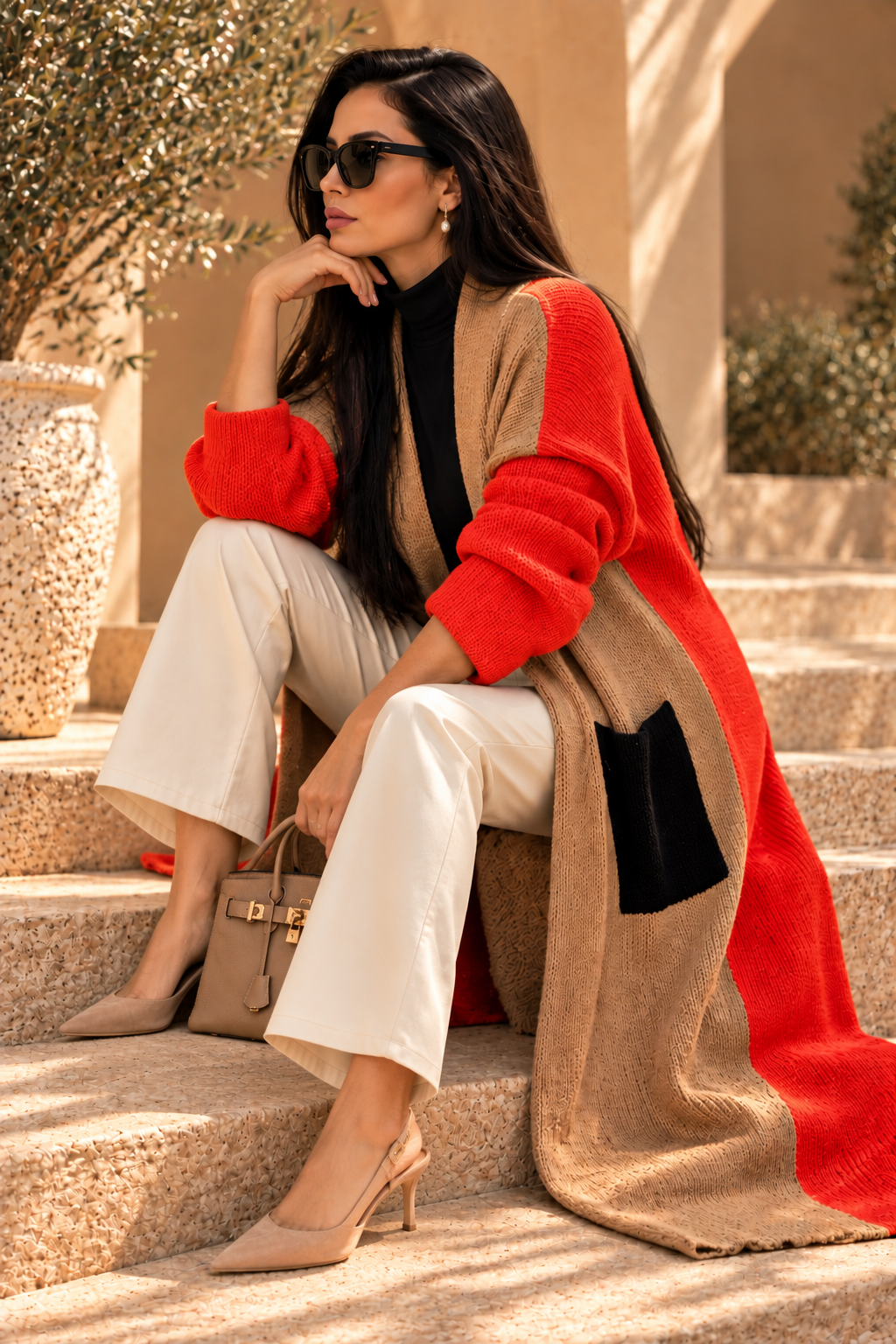Three-Color Long Wool Cardigan