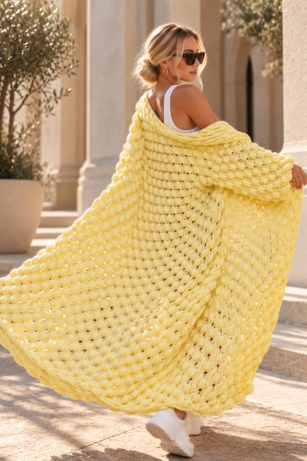 Long Oversized Hand Knitted Yellow-Lemon Cotton Cardigan