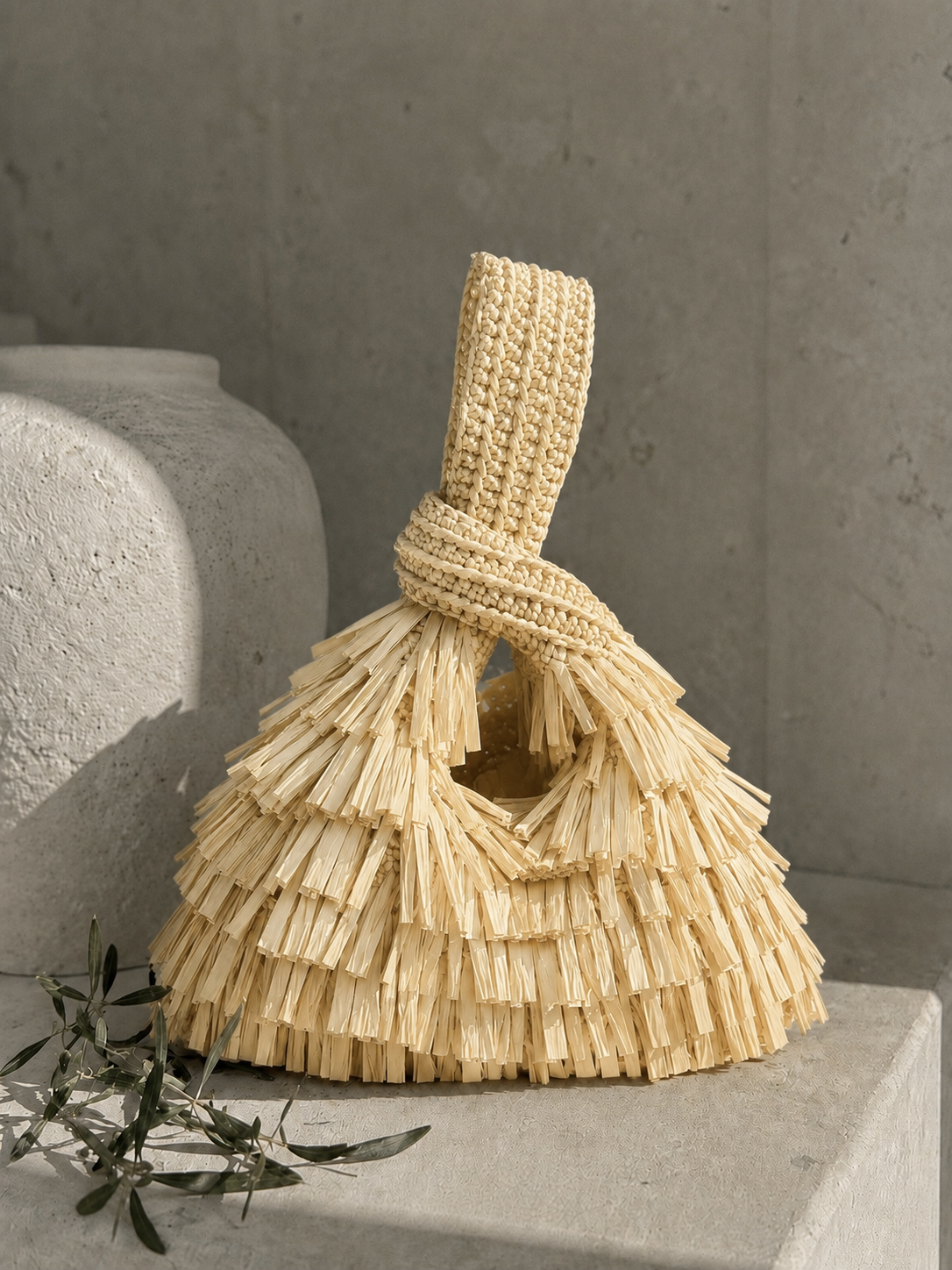 Raffia Fringe Knot Tote Bag