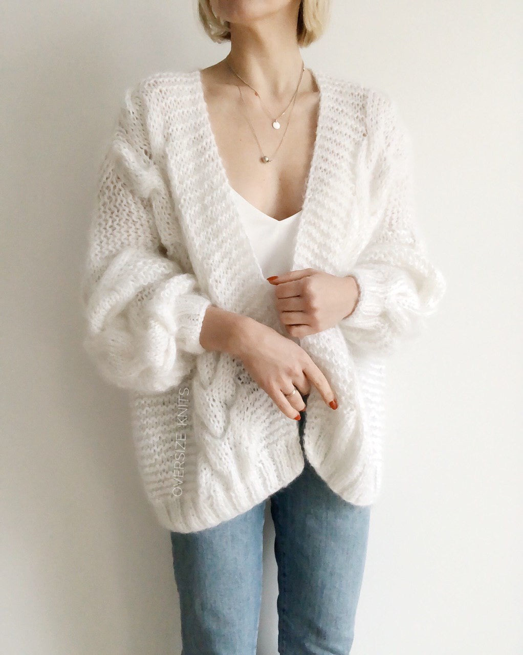 Cable knit Mohair cardigan. Trendy women cable knit oversized hand knitted jacket