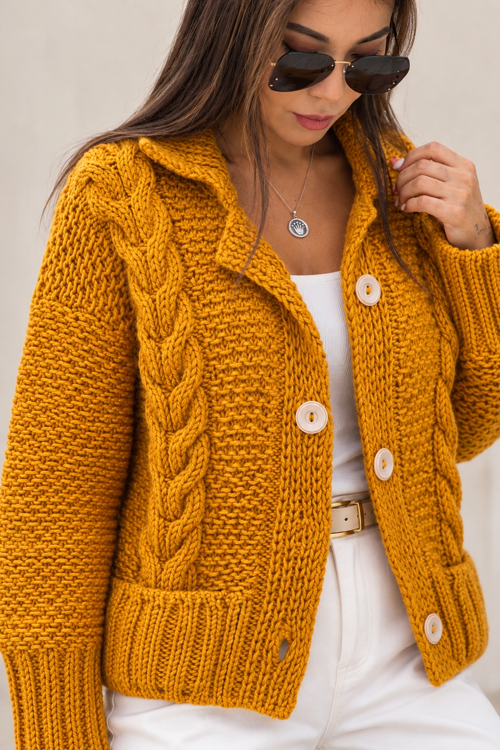 Cable Knit Camel Wool Cardigan – Hand-Knitted Statement Knit