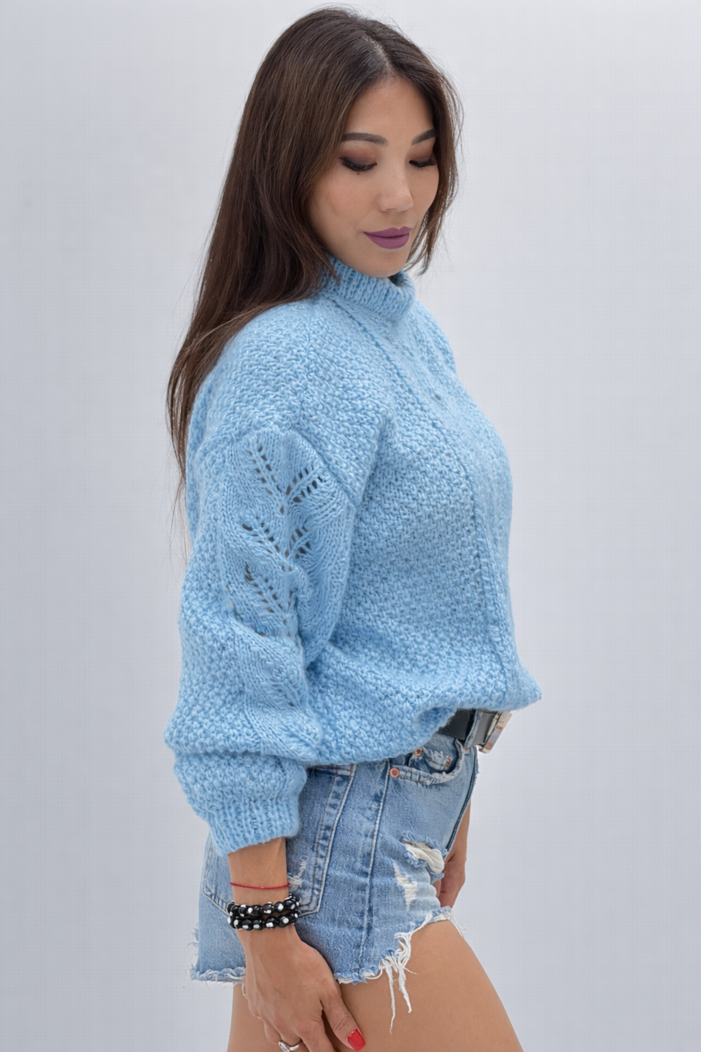 Handmade Light Blue Wool Openwork Sweater