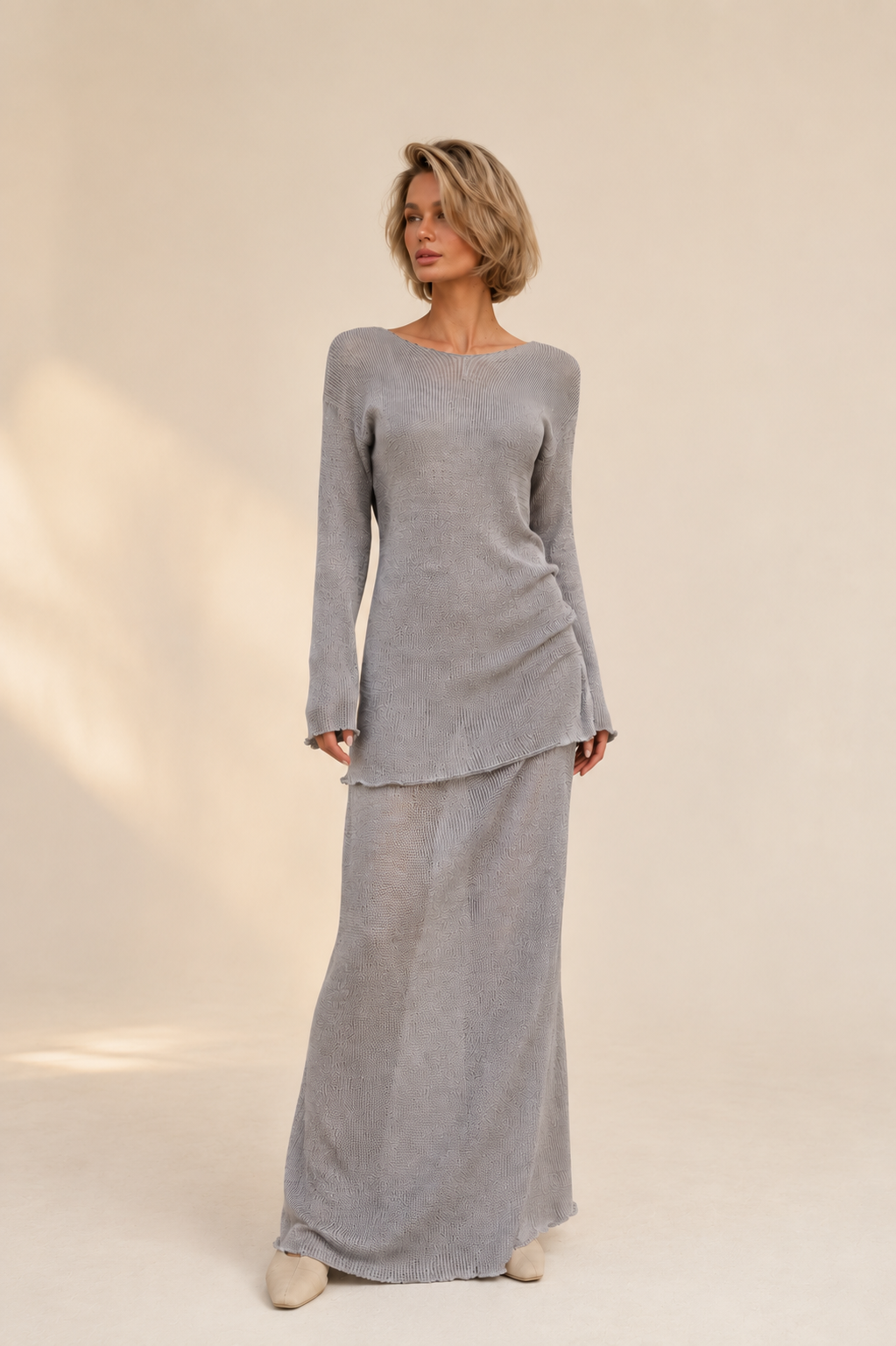 Aurelia Knit Set with Maxi Skirt - Soft Gray