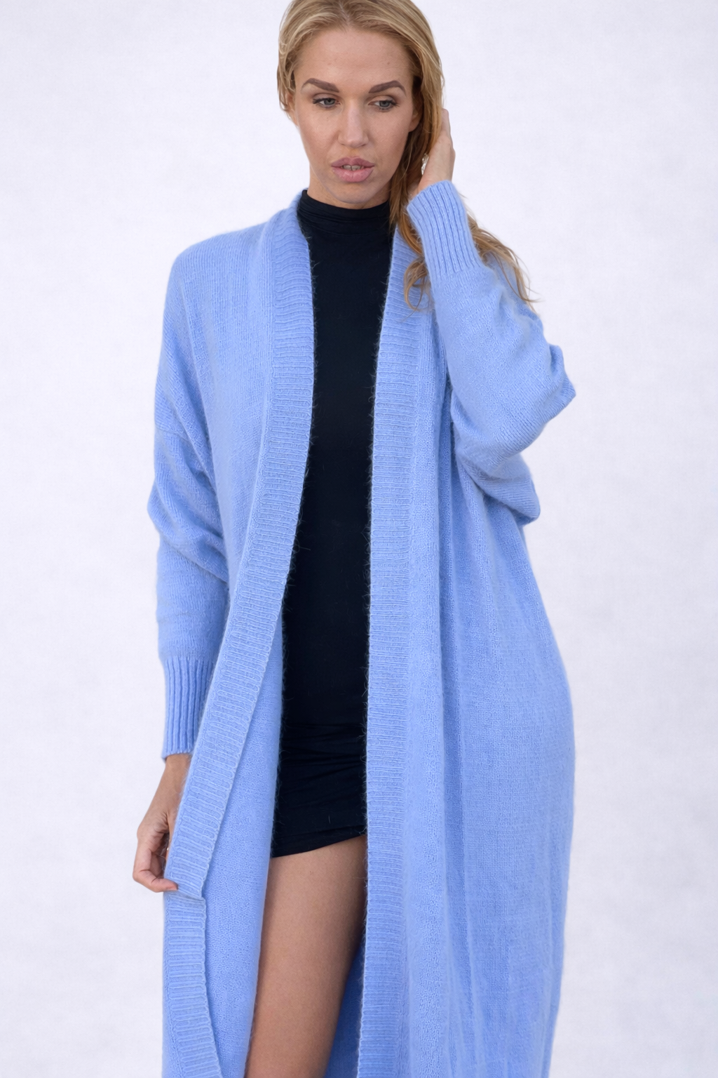 Long Blue Mink Fur Cardigan with Belt
