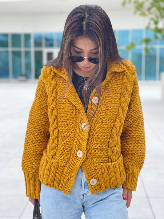 Cable Knit Camel Wool Cardigan. Trendy Women Cable Knit Hand Knitted Jacket