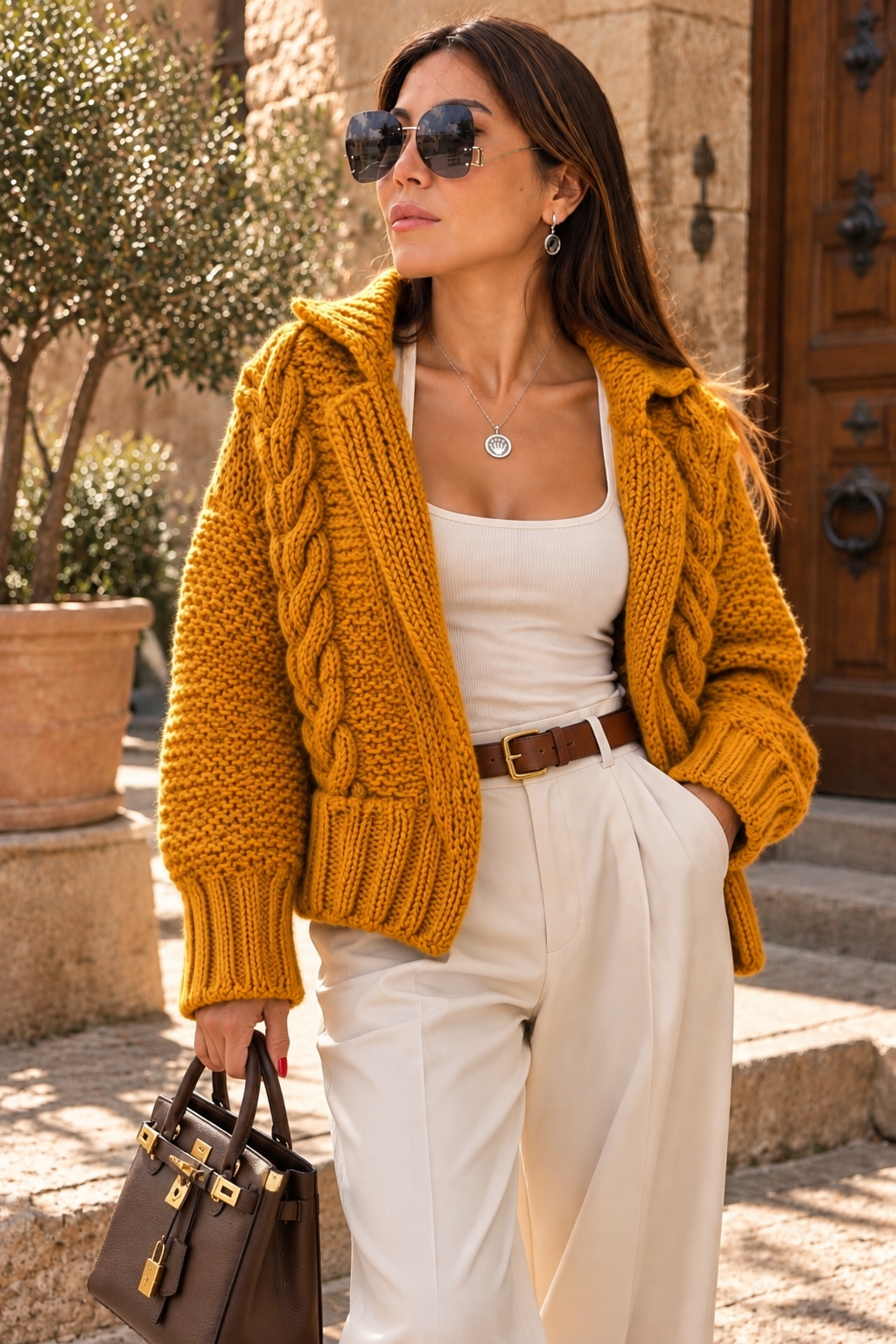 Cable Knit Camel Wool Cardigan – Hand-Knitted Statement Knit